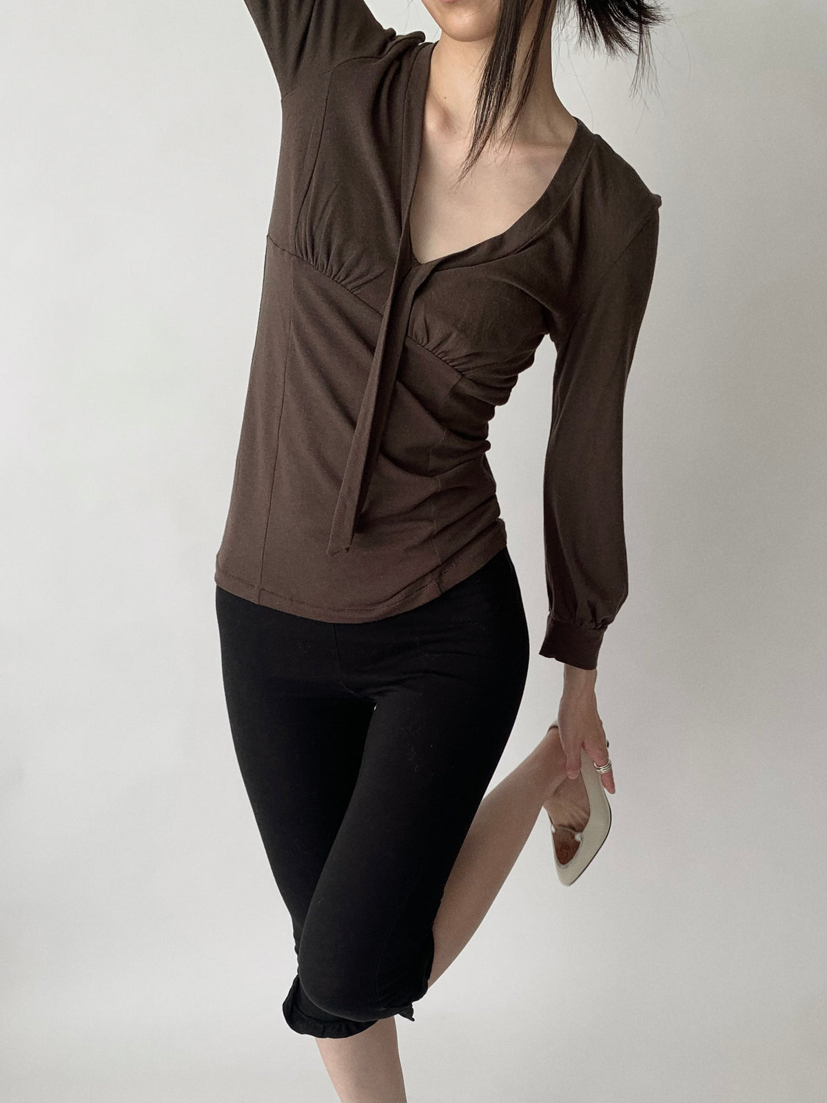 khaki brown v neck puff sleeve tops