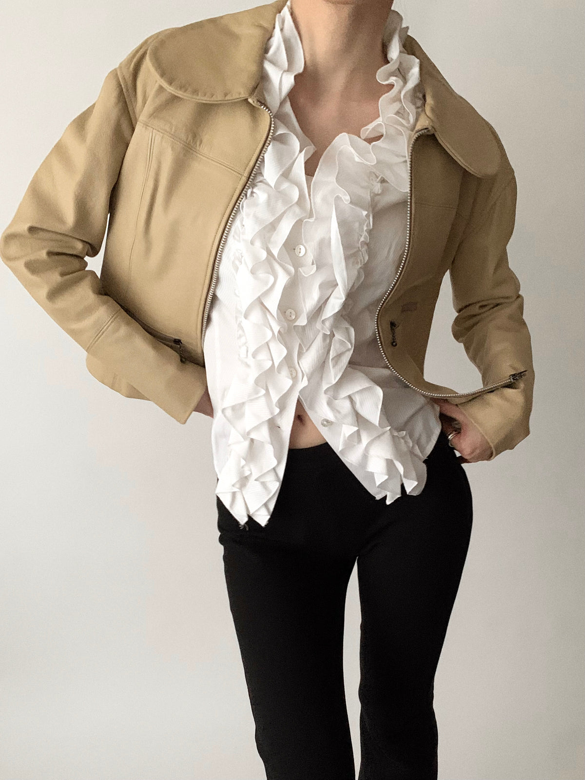 white pinstripe frill blouse