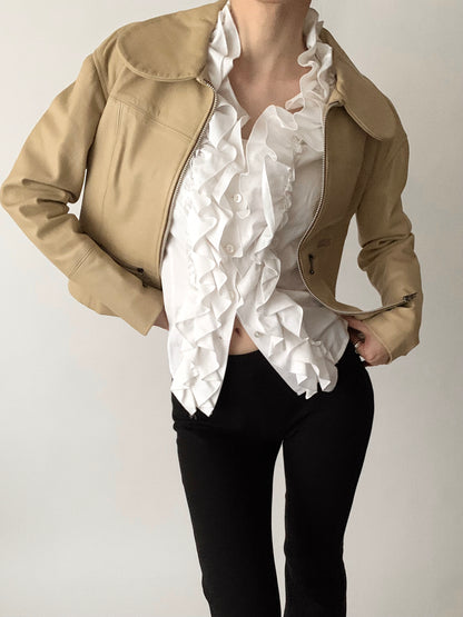 white pinstripe frill blouse