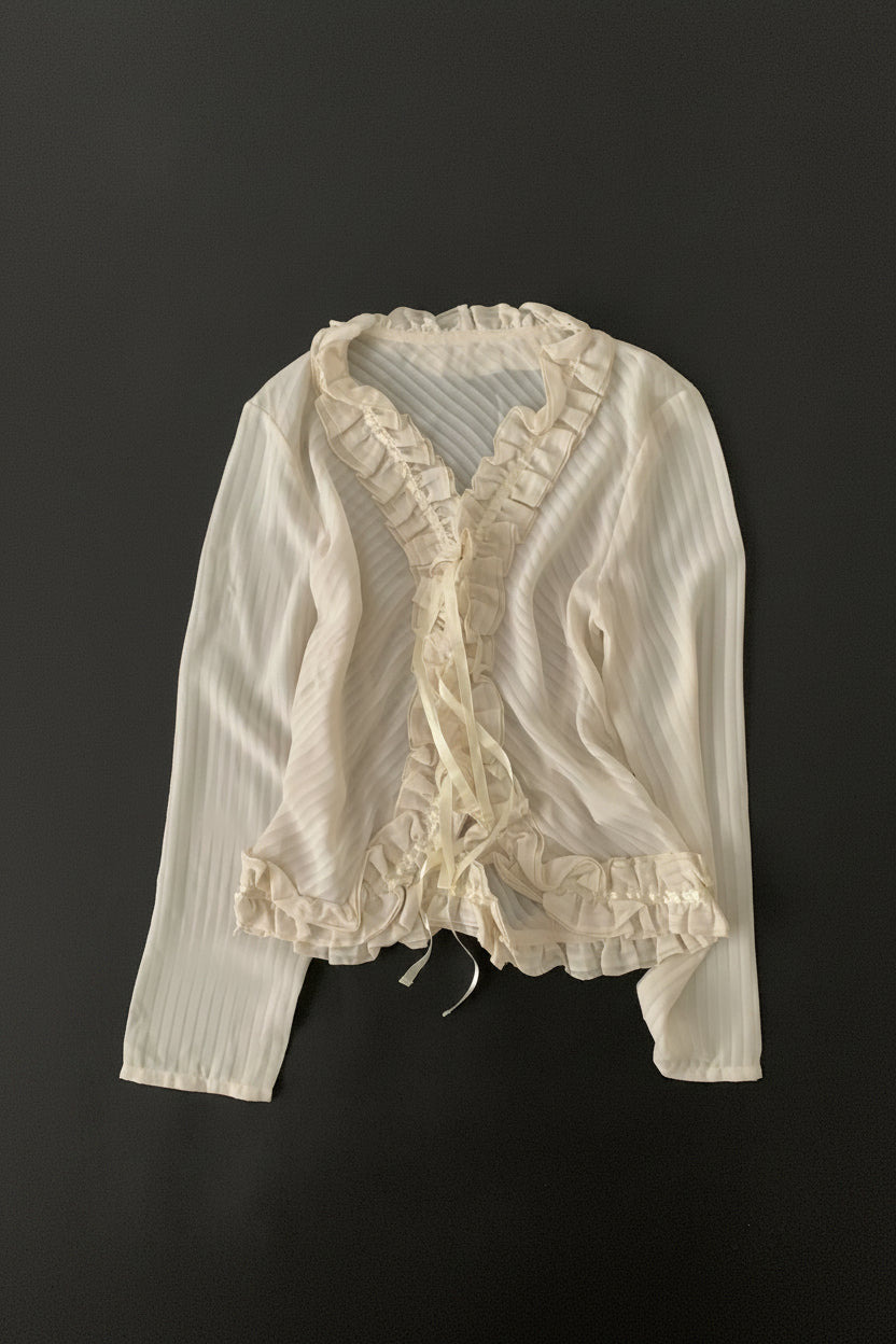 pale beige center frill ribbon cardigan