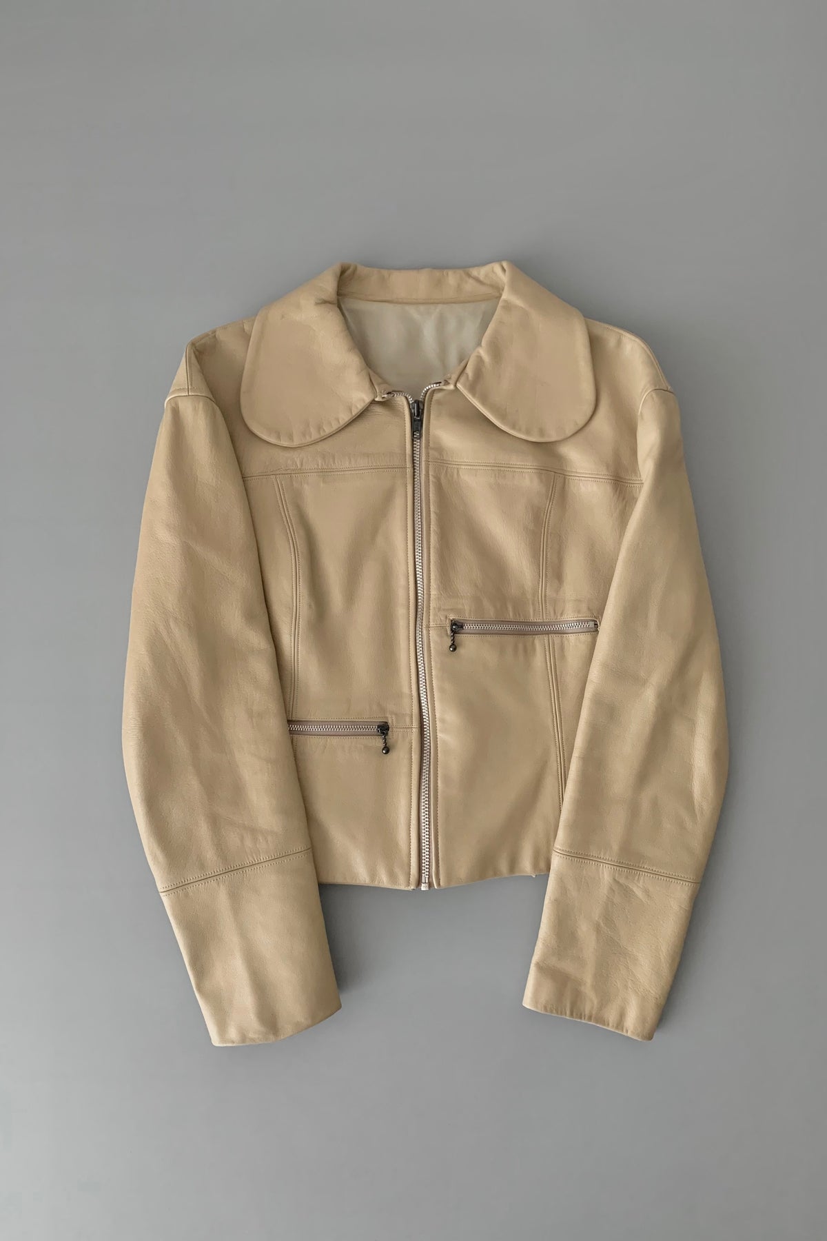 cream leather round collar jacket