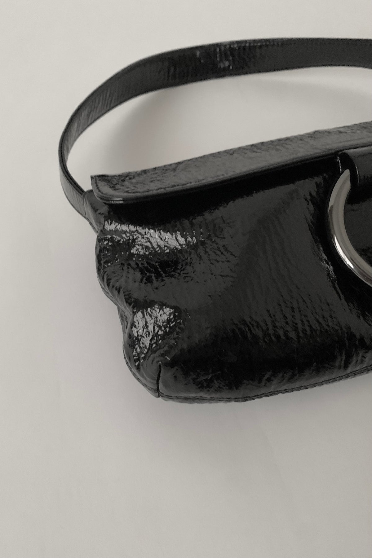 black enamel leather silver ring bag