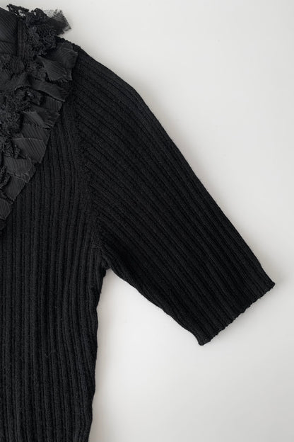 black wool v neck lace knit tops