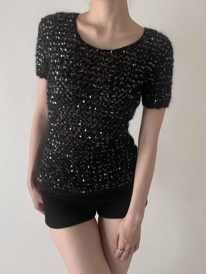 black mohair sequins knit tops